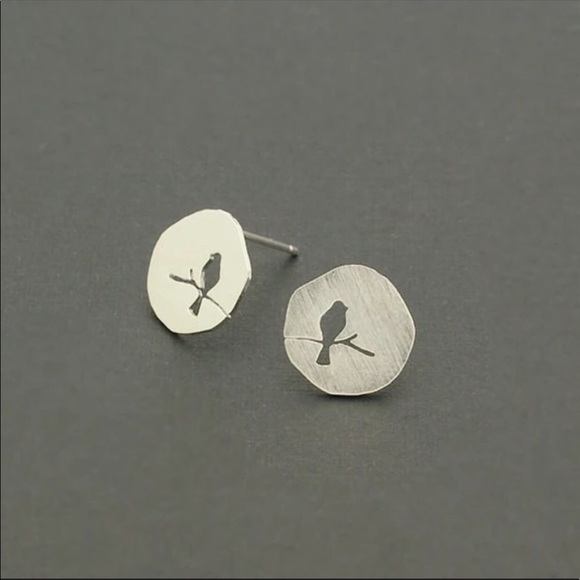 NEW Brushed Silver Bird and Branch Stud Earrings - Picture 1 of 3